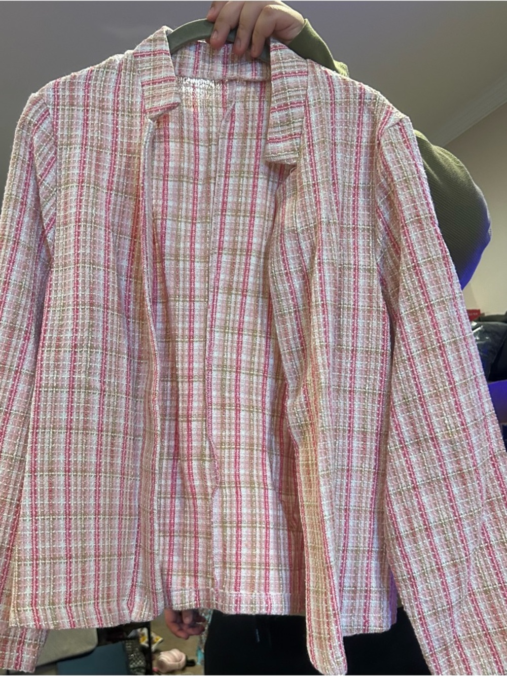 SHEIN Pink Plaid Tweed Blazer